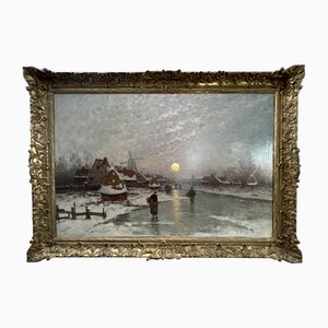 Johann Jungblut, Paysage d'hiver impressionniste, 1885, huile sur toile, encadrée
