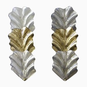 Gold and White Murano Glass Leaf Sconces in the style of Barovier, 1990s, Set of 2