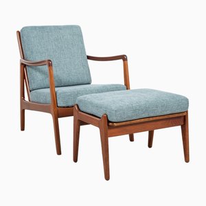 Set of Midcentury Danish Easy Chair with Ottoman in Teak by Ole Wanscher for France & Søn