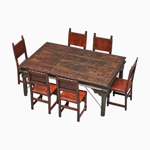 Tavolo da pranzo Rajasthan con porta e sedie spagnole, anni '60, set di 7