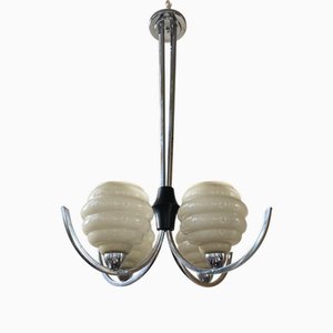 Lampe à Suspension avec Tasses Jaunes et Chromage, France, 1930s