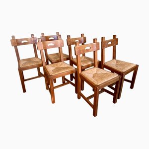 Rustic Brutalist Oak and Rush Dining Chairs, Belgium, 1960s, Set of 6