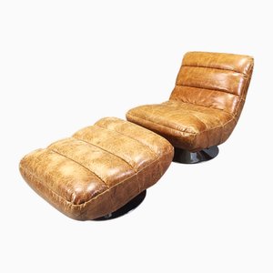Set of Vintage Leather Swivel Chair with Ottoman, 1970s