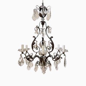 Large French Wrought Iron & Tole Wear, Rock Crystal Chandelier, 1940s