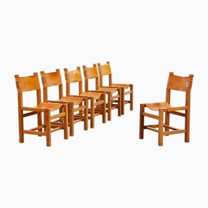 French Elm and Leather Dining Chairs attributed to Maison Regain, 1970s, Set of 6