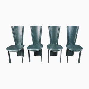 Vintage Green Leather Dining Chairs, 1980s, Set of 4