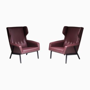 Plum Leather Armchairs, 1960s, Set of 2
