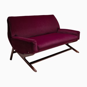 Mid-Century Burgundy Velvet Sofa