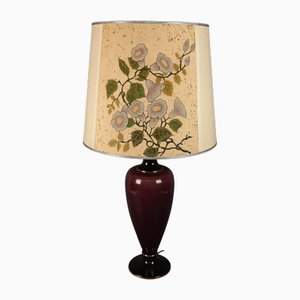 Lampe de Bureau Violette en Céramique avec Abat-Jour en Tissu Floral, 1960s