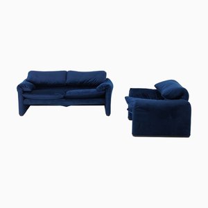 Blue Velvet Maralunga Sessel & Sofa von Vico Magistretti für Cassina, 1970er, 2er Set