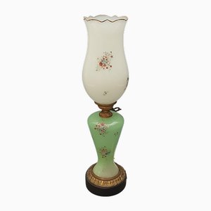 White and Green Murano Glass Table Lamp with Brass Flowers, 1950s