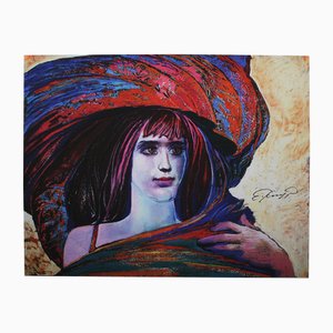 Ernst Fuchs, Woman with Big Hat, Print on Cloth