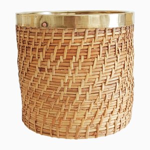 Handgewebter Übertopf aus Rattan & Messing, Italien, 1960er