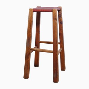 Brutalistischer Hocker aus Leder und Holz