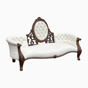 Victorian Walnut and White Leather Sofa with Cabriole Legs