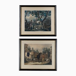 Carle Vernet, Hunting Scene, Colored Engravings Enhanced with Gouache, 1830, Set of 2