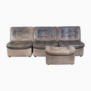 Vintage Gray Leather Sofa Elements and Ottoman, Set of 4