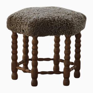 Modern Danish Hexagon Stool in Oak & Lambswool, 1950s