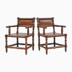 Set of Mid-Century Oak Bobbin Wood Armchairs by Charles Dudouyt, France, 1950s