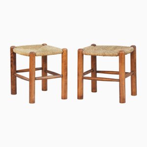 Set of Beech and Rush Tabouret Stools in the style of Charlotte Perriand, 1970s
