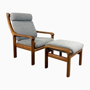 Poltrona con schienale alto e poggiapiedi in teak di Emc Furniture, Danimarca, anni '70