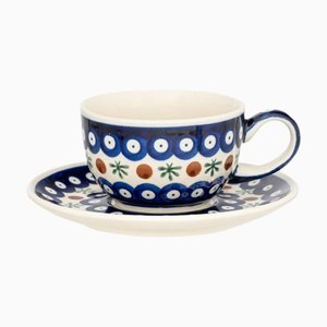 New Ceramic Cups with Lotus Flower Saucer from Zakłady Ceramiczne Bolesławiec, Set of 4