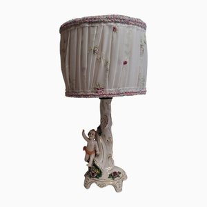 German Dresden Style Table Lamp with Figural Porcelain Base and Handmade Fabric Shade, 1960s