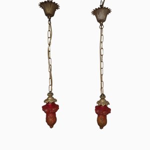 French Art Deco Metal Ceiling Lamps with Red Relief Glass Shades, 1930s, Set of 2