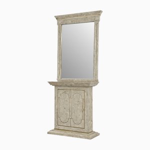 Table Console et Miroir en Marqueterie de Travertin et Laiton, 1970s, Set de 2