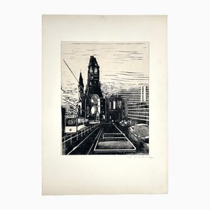 Walter Kalot, Street View di Berlino Ovest presso la Chiesa commemorativa, 1956, Linoleografia