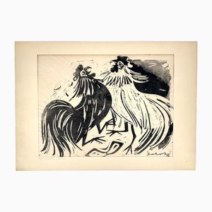 Walter Kalot, Coqs de combat, 1956, Linogravure