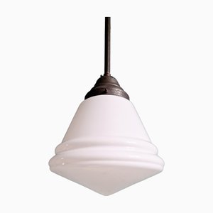 Large Art Deco Pendant Light in Conical White Opaline Glass, 1930s