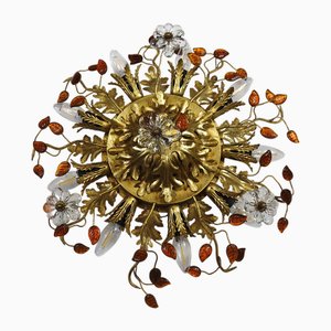 Plafonnier en Métal Plaqué Or & Fleurs en Cristal de Murano de Banci Firenze