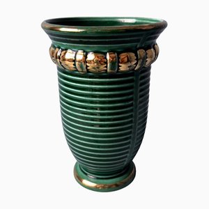 Jarrón Barbotine Art Déco de cerámica verde de Poët-Laval, Francia, años 30