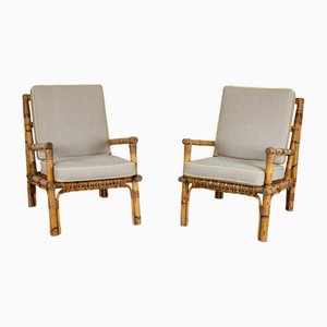 Set of Rattan and Linen Armchairs, Italz, 1970