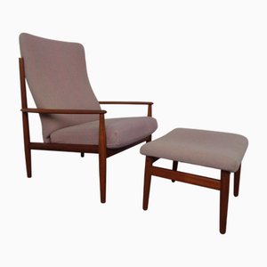 Set aus Teak Stuhl mit hoher Rückenlehne und Fußhocker von Grete Jalk für France & Son, 1960er, 2er Set