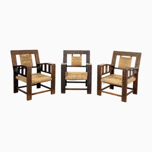 Neo-Basque Carved Armchairs in Straw and Oak, 1940s, Set of 3