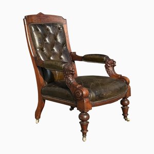 19th Century Arts & Crafts Carved Walnut & Leather Library Armchair, 1880