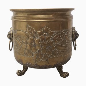 Antique Brass Flower Pot with Lion Heads, Late 1800s