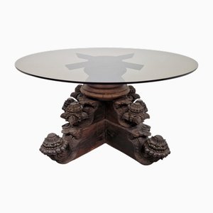 Tavolino da caffè anglo-indiano in legno e vetro intagliato a mano, fine XIX secolo