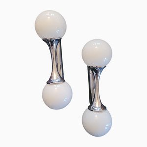 Vintage Wall Lights in Chromed Metal and White Glass, 1970s, Set of 2