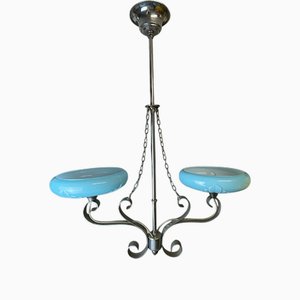 Art Deco Chandelier with Two Opaline Blue Glass Shades, 1940s