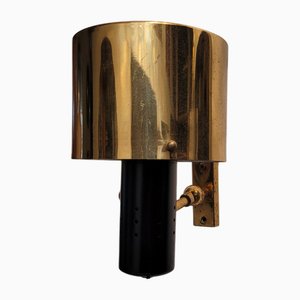 Lampada da parete in ottone e metallo nero con doppio snodo attribuibile a Stilnovo, anni '60