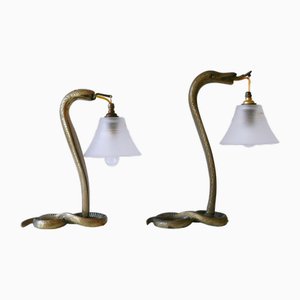 Antique Art Nouveau Bronze Cobra Table Lamps, 1890s, Set of 2
