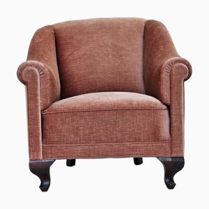 Sillón danés vintage de terciopelo y fresno en rosa salmón, años 50