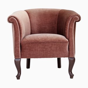 Vintage Danish Lounge Chair in Salmon Pink Furniture Velour and Ash Wood, 1950s
