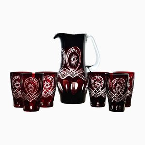 Vintage Ruby Red Cut to Clear Glass Pitcher and Glasses, Set of 7