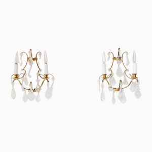 Vintage Swedish Brass and Glass Wall Lights, Set of 2