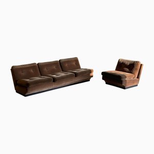 Set of Brown Velvet Sofa and Lounge Chair by Paolo Caliari for Cassina, 1960s