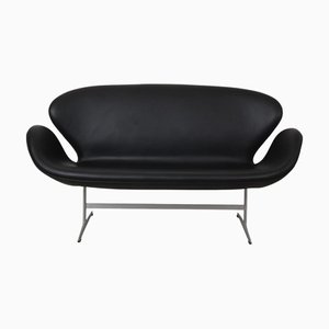 Swan Sofa in Black Aura Leather by Arne Jacobsen, 2000s